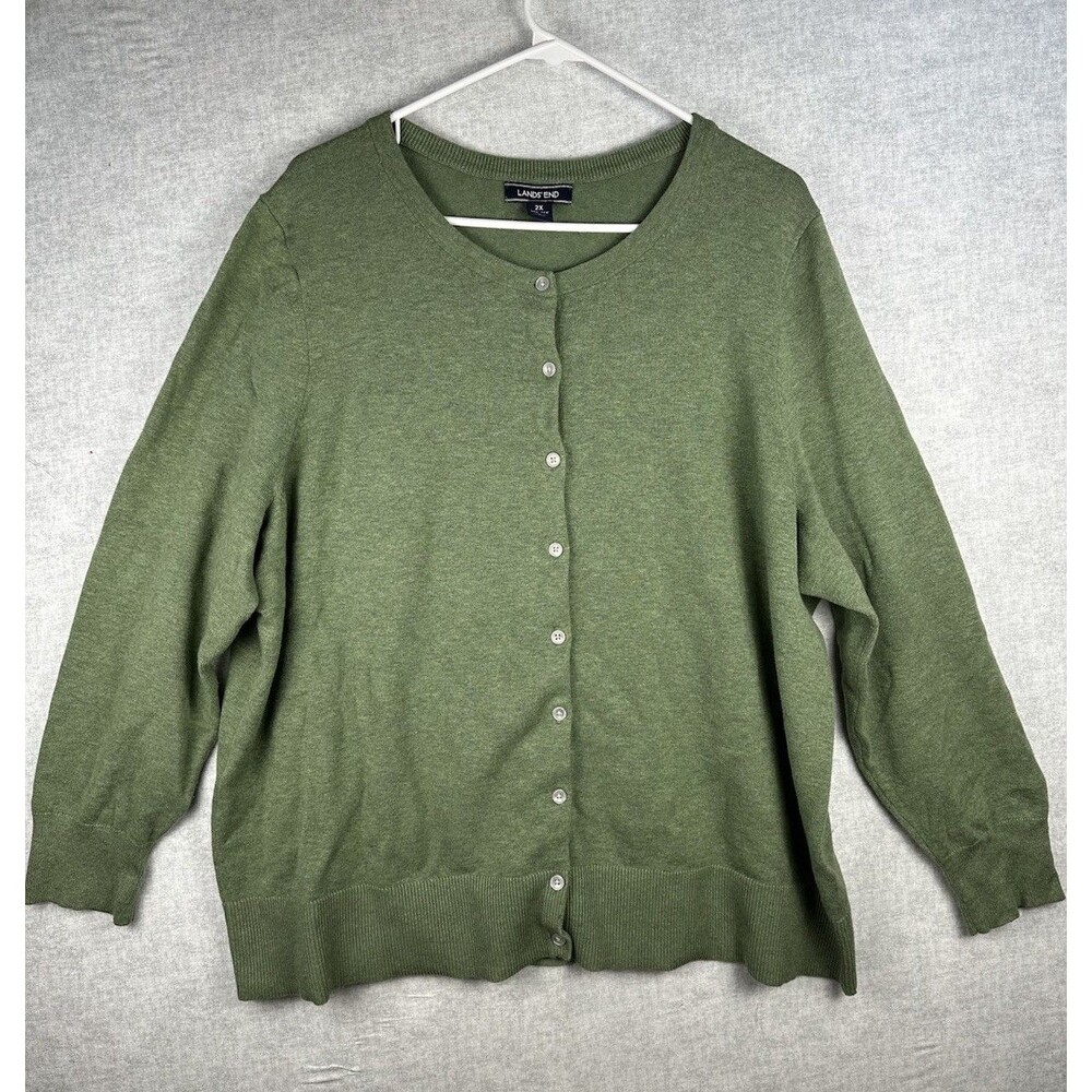 Lands' End Woman Green Crew Neck Cardigan Cotton Sweater Size 2X Granny Cottage
